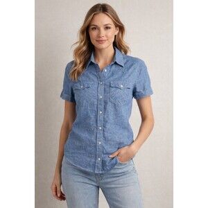 Martin + Osa Womens Denim Pearl Snap Shirt Western Short Sleeve Linen Blue Small